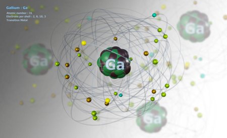 Atome de Gallium avec noyau détaillé et ses 31 électrons sur blanc avec atomes en arrière-plan