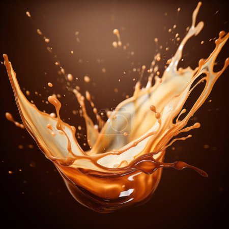 big Splash wave of shiny milk coffee with many drops and a depth of field effect with a dark brown background
