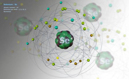 Atome de sélénium avec noyau détaillé et ses 34 électrons sur blanc avec atomes en arrière-plan
