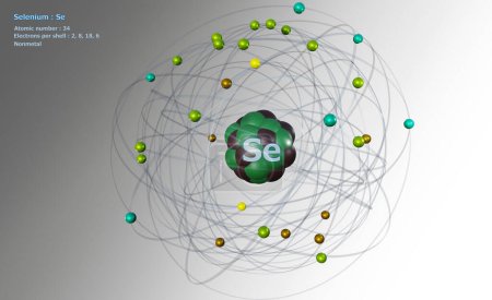 Atome de sélénium avec noyau et 34 électrons sur fond blanc