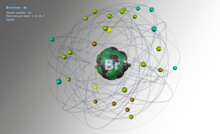 Bromatom mit detailliertem Kern und seinen 35 Elektronen auf weißem Hintergrund