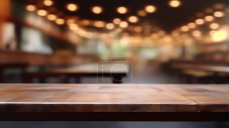 Photo for Empty wooden table platform and blurred background bokeh of at bar restaurant at night. Can be used for display or montage your products.Mock up for space. - Royalty Free Image