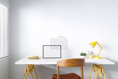 Téléchargez les photos : Bureau à domicile avec fournitures et espace de copie murale. Espace de travail minimaliste. Rendu 3D - en image libre de droit