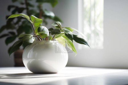 Téléchargez les photos : Une chambre a une plante dans un pot près d'un rebord de fenêtre à l'intérieur d'une maison. Le peperomia avec les belles feuilles vertes des bourgeons est de faire de la place fraîche. - en image libre de droit