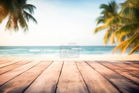 Téléchargez les photos : Haut de la table en bois avec paysage marin, flou mer calme et ciel à fond de plage tropicale. Table vide prête pour votre montage d'affichage de produit. vacances d'été arrière-plan concept. - en image libre de droit