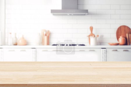 Photo for Empty beautiful wood table top counter and blur bokeh modern kitchen interior background in clean and bright,Banner, Ready for product montage. - Royalty Free Image