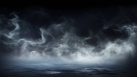 Foto de Niebla en la oscuridad. Humo y niebla en la mesa de madera. Fondo de Halloween abstracto y desenfocado. - Imagen libre de derechos