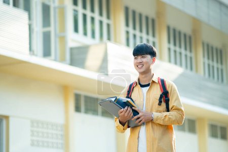 Téléchargez les photos : Un étudiant satisfait portant un ordinateur portable et des livres marche à travers le campus, exsudant un sentiment de préparation et d'enthousiasme pour l'apprentissage. - en image libre de droit