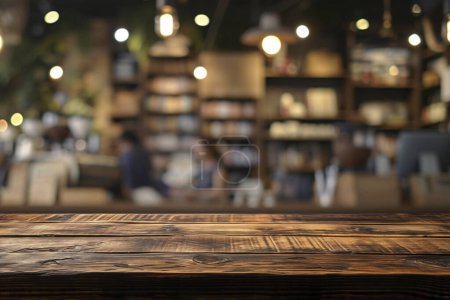 Foto de Mesa de madera vacía para el producto presente en la cafetería o en el fondo borroso de la barra de refrescos con imagen bokeh. - Imagen libre de derechos