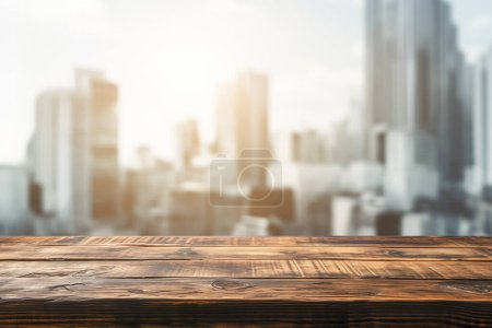 Photo for Pine wood table top overlooking a blurred cityscape, ideal for display or montage with urban context. - Royalty Free Image