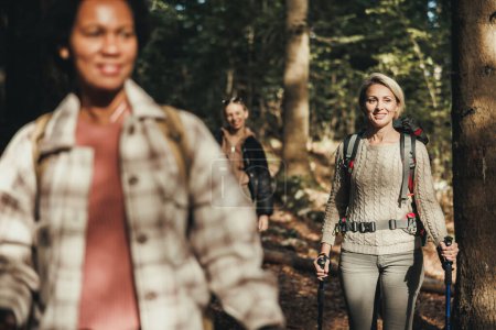 Téléchargez les photos : Femme mûre randonnée à travers les montagnes avec ses amis. - en image libre de droit