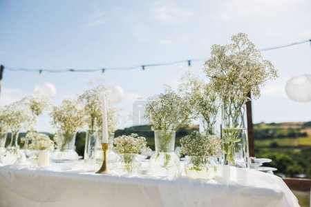 Foto de Mesa de boda en estilo boho en el patio trasero cerca del viñedo. - Imagen libre de derechos