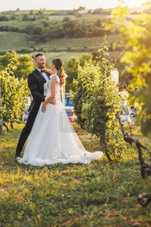 Téléchargez les photos : Tourné d'un jeune couple heureux profitant de leur jour de mariage dans le vignoble au coucher du soleil. - en image libre de droit