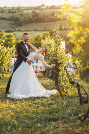 Téléchargez les photos : Tourné d'un jeune couple heureux dansant dans le vignoble au coucher du soleil le jour de leur mariage. - en image libre de droit