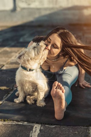 Téléchargez les photos : Femme détendue jouant avec son animal de compagnie de chien tout en pratiquant l'exercice d'étirement de yoga sur un toit-terrasse. - en image libre de droit