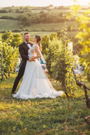 Téléchargez les photos : Tourné d'un jeune couple heureux marchant dans le vignoble le jour de leur mariage. - en image libre de droit