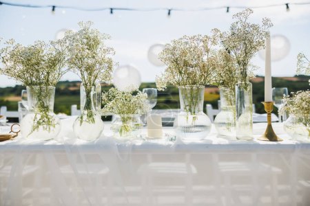 Téléchargez les photos : Table de mariage mis en place dans le style boho dans l'arrière-cour près de vignoble. - en image libre de droit