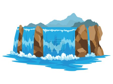 Illustration for Cartoon river cascade waterfall. Landscape with mountains and trees. Design element for travel brochure or illustration mobile game. Fresh natural water. - Royalty Free Image