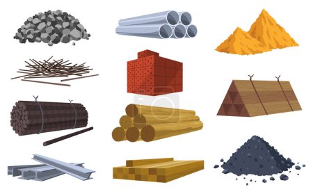 Illustration for Building materials. Construction concept. Illustrations can be used for construction sites or illustrate renovation works. Bricks, planks, metal, sand and stone pipes vector set. - Royalty Free Image