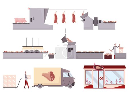 Illustration for Meat factory processing plant. Flat composition with factory kitchen equipment. Food industry concept elements. Industrial equipment to produce food for sale. - Royalty Free Image