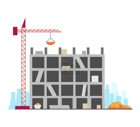 Illustration for Construction site stage. Multi story house construction. Building process. Build techniques and machines. Housing development. Unfinished. - Royalty Free Image