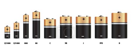 Illustration for Battery set in diffrent size. Glossy gold and black realistic alkaline or rechargeable batteries. Design blank mockup template for branding. Vector graphic element, isolated on white. - Royalty Free Image