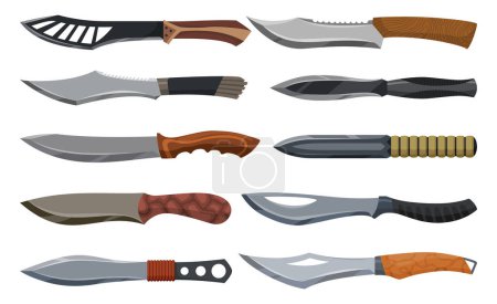 Illustration for Military hunting knives. Combat weapon blades, vector model types. Trapper sword and hunter knife blades. Protection concept. Warrior blades or jackknife on white background. - Royalty Free Image