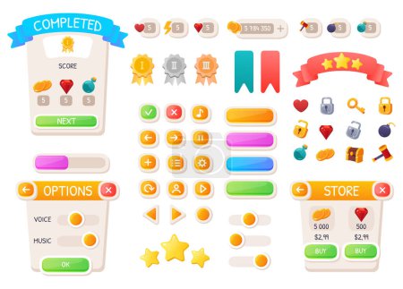 Game UI buttons. Mobile application or game interface elements. Cartoon colorful design. Progress bar, panel and indicators. Video gaming menu kit. Isolated medals and prizes.