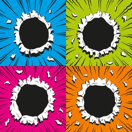 Illustration for Set of comic book holes. Vector paper is torn through boom explosion. Circle holes in the middle on color backgrounds. Comics style cover template or flyer wallpapers. - Royalty Free Image