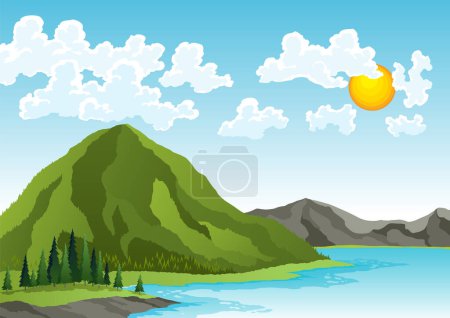 Illustration for Water cycle. Earth hydrologic process. Environmental circulation, cloud condensation, evaporation and runoff collection. Cycle water in nature environment. - Royalty Free Image