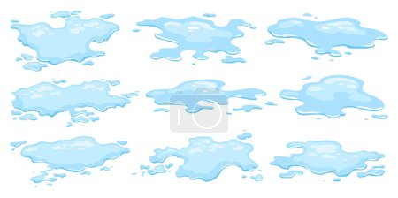 Kałuże z wodą gotowe. Niebieski płyn o różnym kształcie w płaskim stylu kreskówki. Czyste elementy konstrukcyjne kropli płynu izolowane na białym tle.