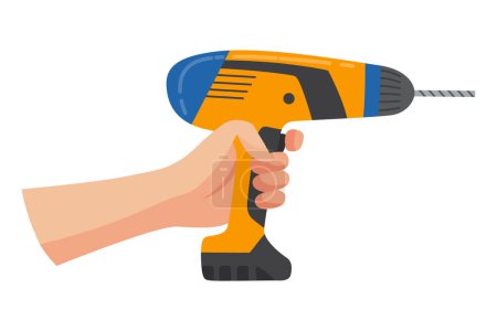 Construction tool in hand, drill. Repair and housework equipment in flat design, vector illustration. Master tool for building renovation.