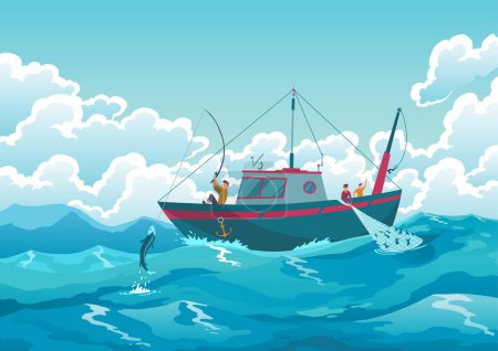 Fishing boat. Commercial fishing industry, ship in ocean. Banner with watercraft or motor boat for fishing industry and fishermen characters. Seascape with fishermen on fishing boat with nets.