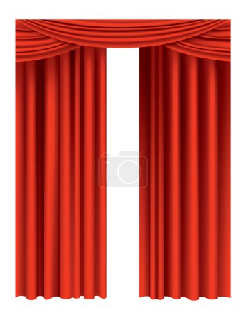 Illustration for Red curtains realistic. Theater fabric silk decoration for movie cinema or opera hall. Curtains and draperies interior decoration object. Isolated on transparent for theater stage. - Royalty Free Image