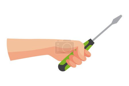 Illustration for Construction tool in hand, screwdriver. Repair and housework equipment in flat design, vector illustration. Master tool for building renovation. - Royalty Free Image