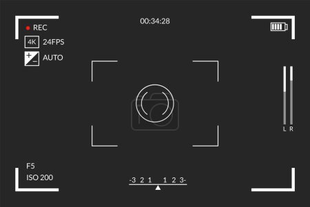 Illustration for Viewfinder video recording. Camera focusing screen. Black screen camera with video shooting parameters, video quality indicators. Digital zoom recording for modern bloggers, vector illustration. - Royalty Free Image