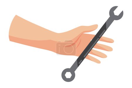 Illustration for Construction tool in hand, wrench or spanner. Repair and housework equipment in flat design, vector illustration. Master tool for building renovation. - Royalty Free Image