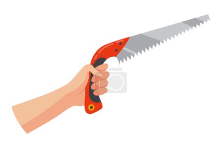 Illustration for Construction tool in hand, saw. Repair and housework equipment in flat design, vector illustration. Master tool for building renovation. - Royalty Free Image