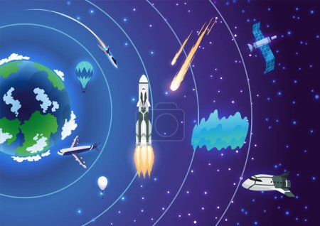 Illustration for Earth atmosphere layers. Colorful infographic poster with meteors, radiosonde, satellite and spaceship. Vector illustration, starry sky background. - Royalty Free Image