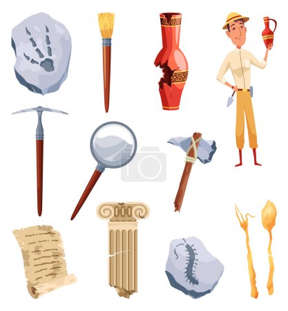 Illustration for Archeology icon set. Ancient artifacts with images of digging tools and elements of antiquity. Archeology explorer, science equipment, ancient artifacts including fossils, amphora. - Royalty Free Image