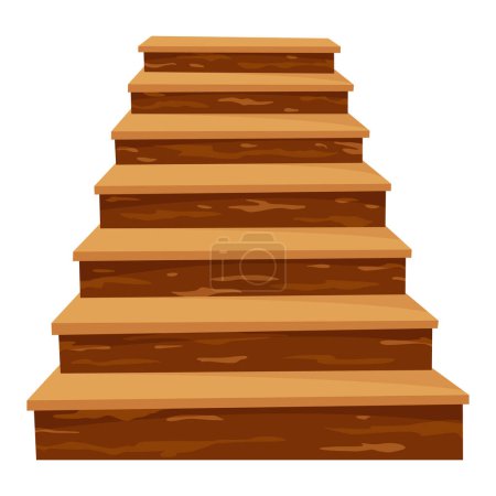 Game castle stairs in cartoon style. Medieval ancient ladder flights without railings, wood step treads and rock risers with cracked details. Vector staircase isolated on white background.