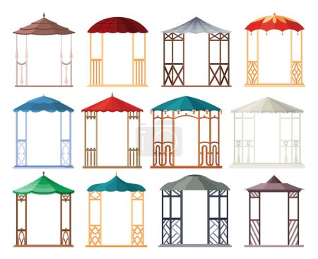 Illustration for Gazebos pergolas in various styles. Architecture wooden bower flat cartoon icons set. Pavilion structure, city park or gardens area element isolated on white background. Vector illustration. - Royalty Free Image