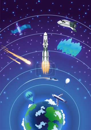 Illustration for Earth atmosphere layers. Colorful infographic poster with meteors, radiosonde, satellite and spaceship. Vector illustration, starry sky background. - Royalty Free Image