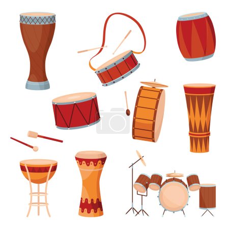 Différents tambours et percussions grand ensemble vecteur plat illustrations isolées sur fond blanc, magasin d'instruments de musique.