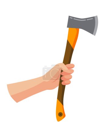 Illustration for Construction tool in hand, hatchet. Repair and housework equipment in flat design, vector illustration. Master tool for building renovation. - Royalty Free Image