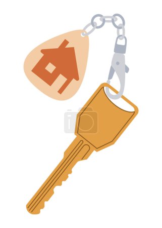 Illustration for Door keys keyfob. Ring with trinket, keychains plastic tag hanging on keyring. House, apartment or room locking accessories. Cartoon flat vector isolated on white background. - Royalty Free Image
