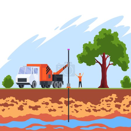 Illustration for Water supply wells system. Structure of soil and underground water, supplying water to house. Layers of land with underground rivers. Cartoon flat vector illustration. - Royalty Free Image