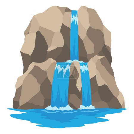 Cartoon River Kaskade Wasserfall. Landschaft mit Bergen und Bäumen. Gestaltungselement für Reisebroschüre oder Illustration Handyspiel. Natürliches Süßwasser.