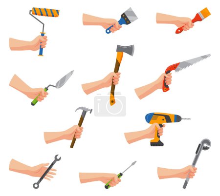 Illustration for Construction tools in hand. Repair and housework equipment in flat design, vector illustration. Building renovation set of master tools. - Royalty Free Image