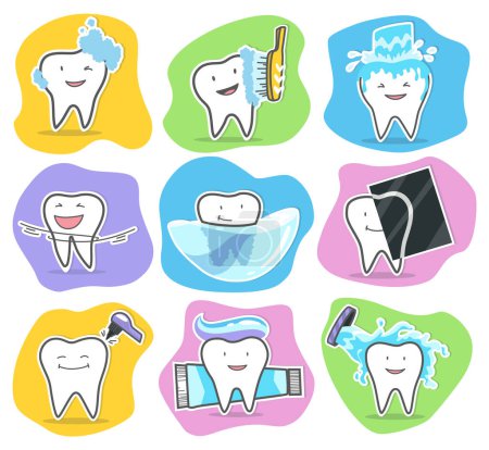 Illustration for Teeth care treatment and hygiene concepts set. Healthy happy teeth. Vector illustration. - Royalty Free Image